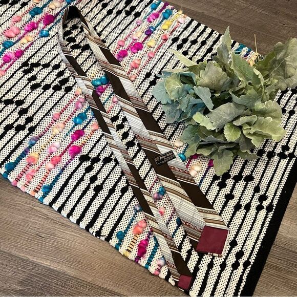 Prince Bellini Vintage Italian Styled Brown Tan Red Rust Striped Polyester Tie - Picture 5 of 5